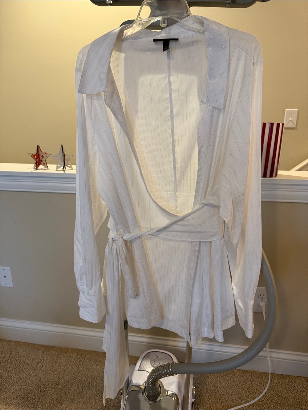 Lane Bryant White Women’s Dress Shirt with Subtle Silver Pinstripe Sheen